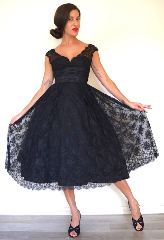 Vintage 50s Black Lace Illusion Neckline New Look