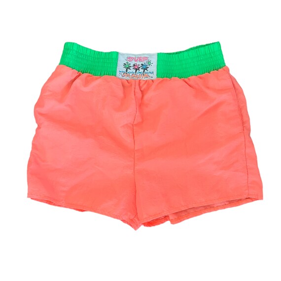 90s Surf Mania Neon Orange and Green Swim Trunks (