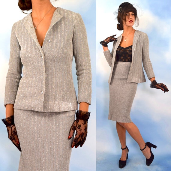 Vintage 1960s Oscar De La Renta Silver Lurex 2 Pie