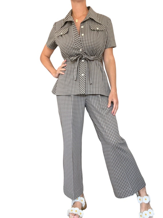 60s 70s Brown and White Gingham Two Piece Pant Su… - image 2