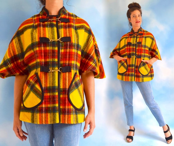 Vintage 60s 70s Rainbow Plaid Poncho (one size fit