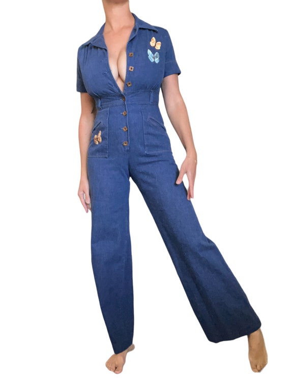 70s Denim Wide Legged Jumpsuit with Butterfly Pat… - image 2