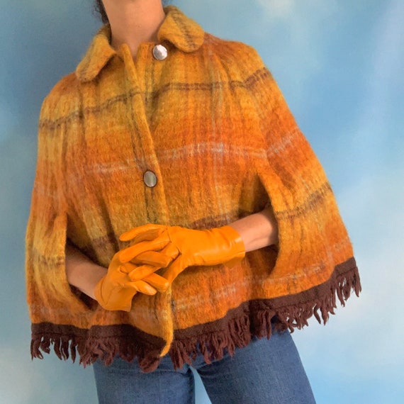 Vintage 60s 70s Golden Orange Plaid Mohair Fringe