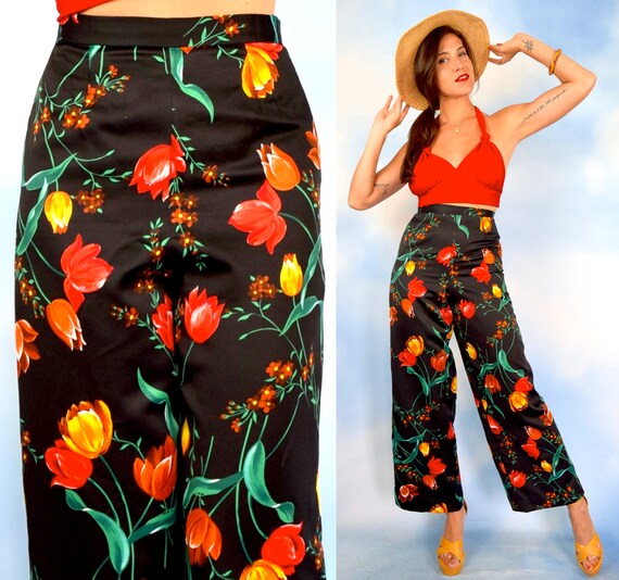 Vintage 70s Bold Tulip Print Black Satin High Wais
