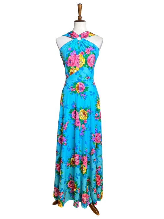 70s Rose Print A Line Maxi Dress (size xs, small) - image 2