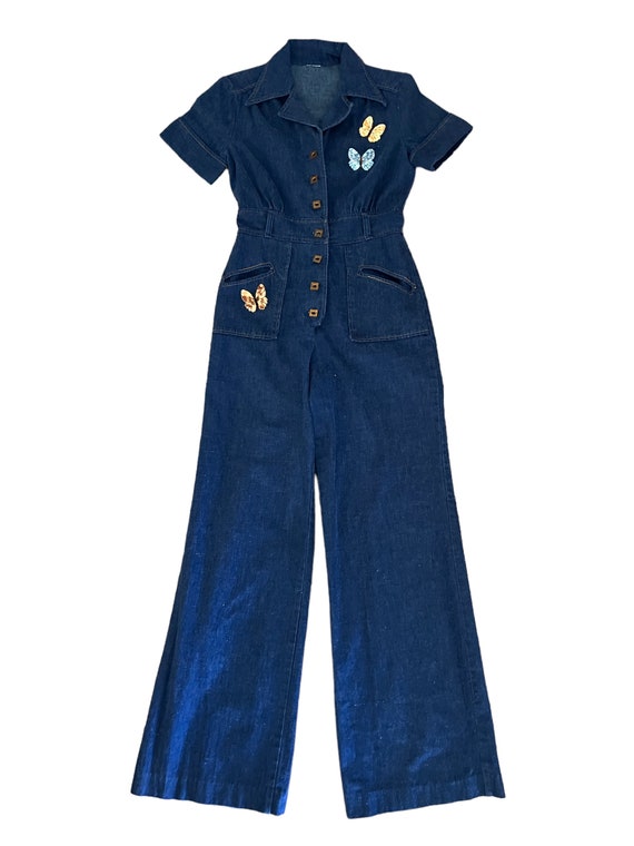 70s Denim Wide Legged Jumpsuit with Butterfly Pat… - image 7