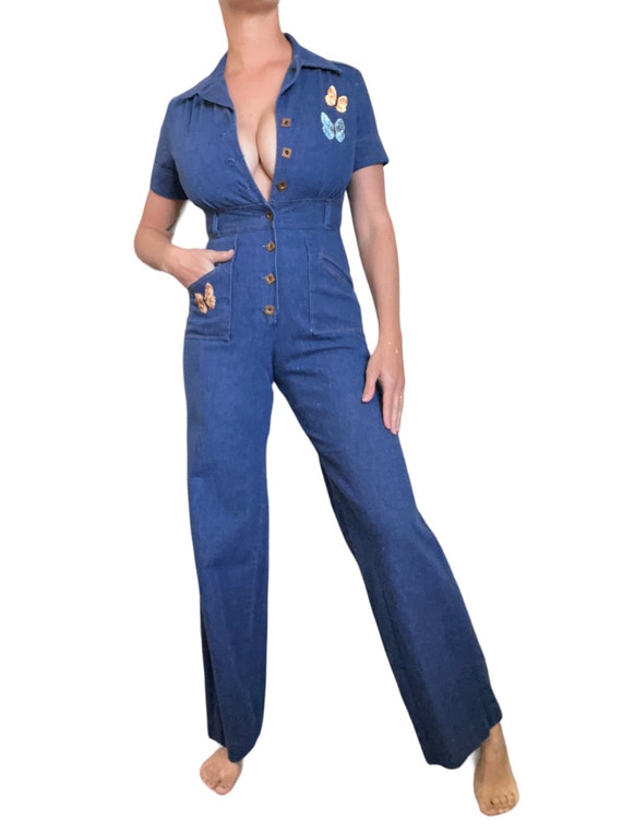 70s Denim Wide Legged Jumpsuit with Butterfly Pat… - image 9