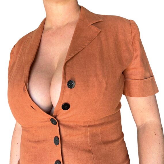 90s Rust Orange Linen Button Front Midi Shirt Dre… - image 5