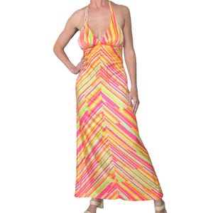 60s 70s Catalina Dayglo Neon Chevron Striped Halter Back A Line Maxi Dress (size small)