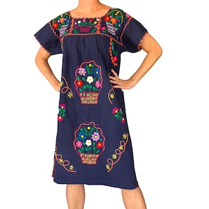 60s 70s Navy Blue Floral Embroidered Mexican Sheath Dress (one size fits many)