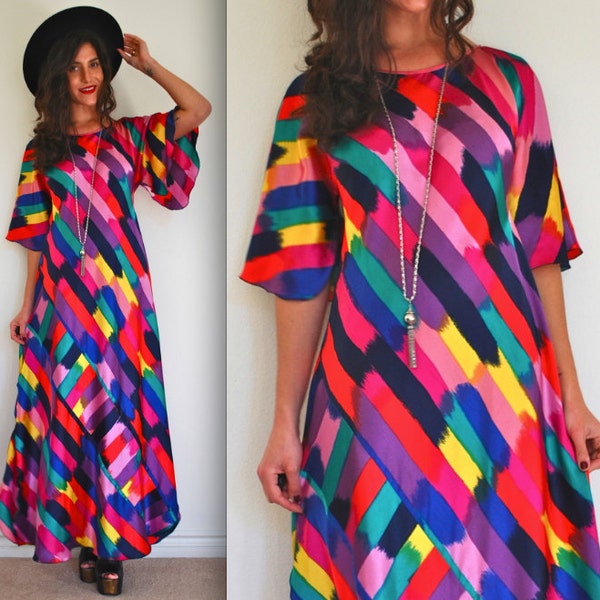 Vintage 60s 70s Artist’s Palette Abstract Rainbow Maxi Dress