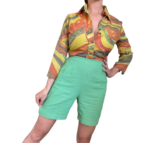 50s 60s High Waisted Green Cotton Shorts (size sm… - image 1