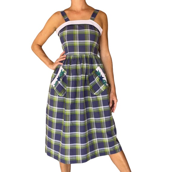 50s 60s Navy and Green Plaid Button Back Sun Dres… - image 5