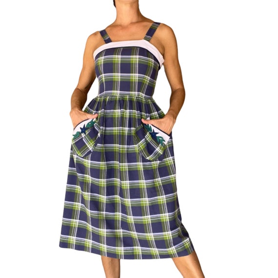50s 60s Navy and Green Plaid Button Back Sun Dres… - image 1