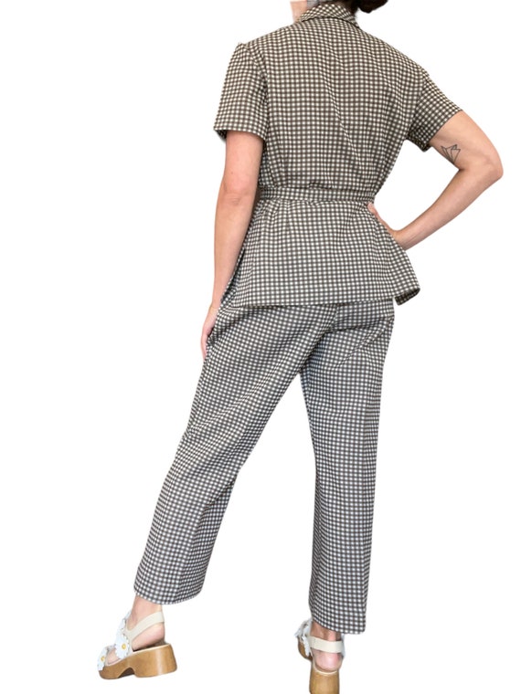 60s 70s Brown and White Gingham Two Piece Pant Su… - image 4