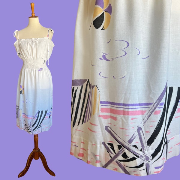 80s Day at the Beach Graphic Novelty Print Shoulder Tie Sun Dress (size large)