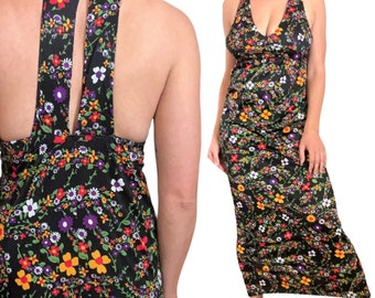 60s 70s Ditzy Floral Empire Waist Maxi Dress (size xs, small)