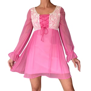 60s Shocking Pink Chiffon Empire Waist with Crocheted Lace Up Bodice and Sheer Sleeves (size xs, small)