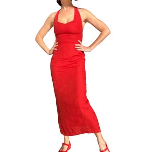 90s Karen Alexander Tomato Red Halter Back Midi Pencil Dress (size XS, small)