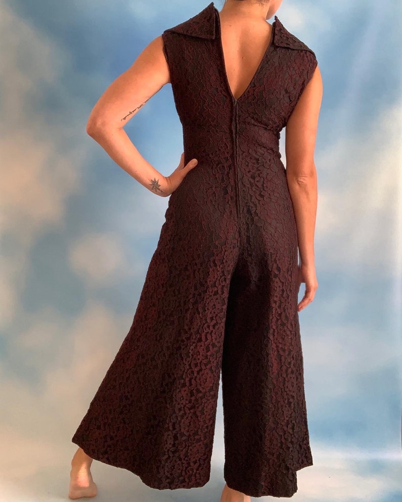 size small 60s Black Lace Palazzo Pant Jumpsuit with Fringe Trimmed Satin Neck Sash