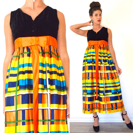 Vintage 60s 70s Candy Corn Queen Rainbow Plaid Emp