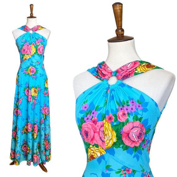 70s Rose Print A Line Maxi Dress (size xs, small) - image 1