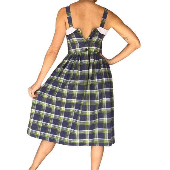 50s 60s Navy and Green Plaid Button Back Sun Dres… - image 4