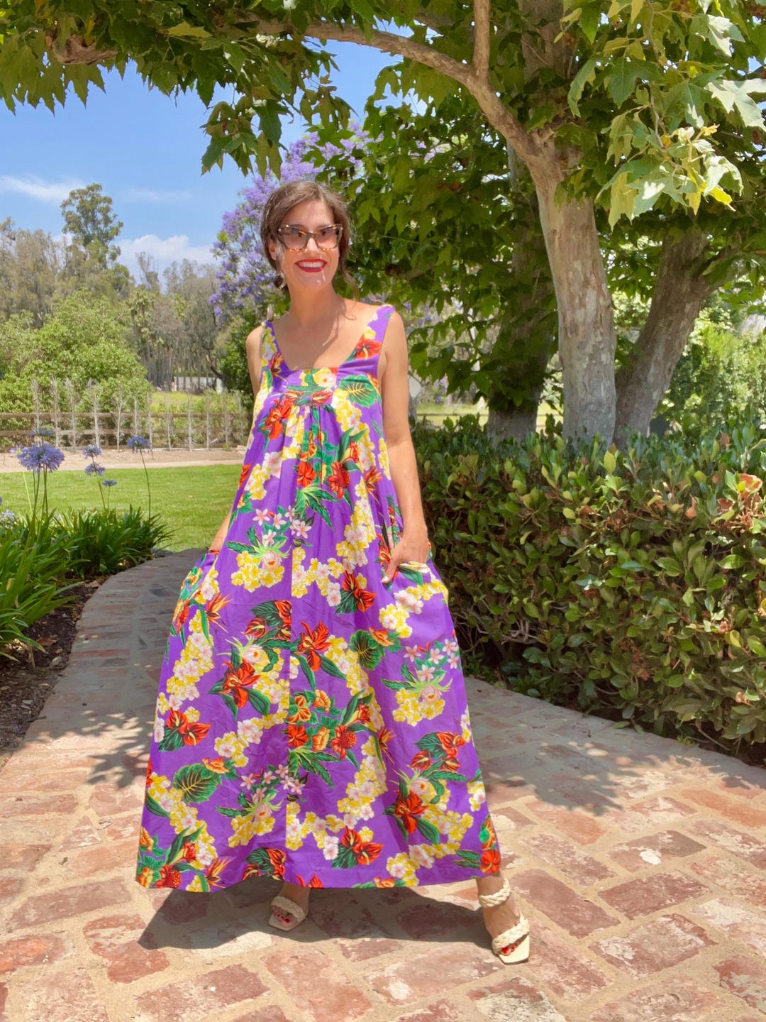 60s 70s Tropical Hawaiian Floral Print Shoulder Tie Sleeve Tent Maxi ...