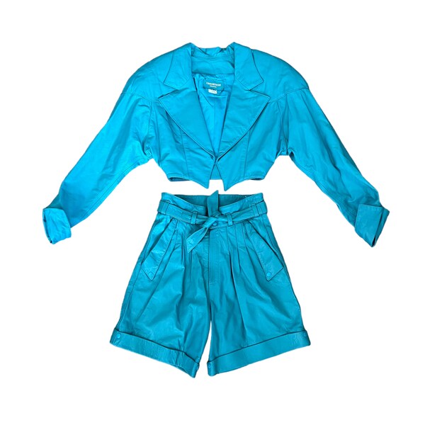 80s 90s Turquoise Leather Cropped Jacket and High Waisted Shorts Two Piece Set (size XS)