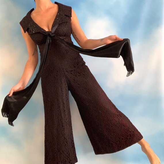 60s Black Lace Palazzo Pant Jumpsuit with Fringe T