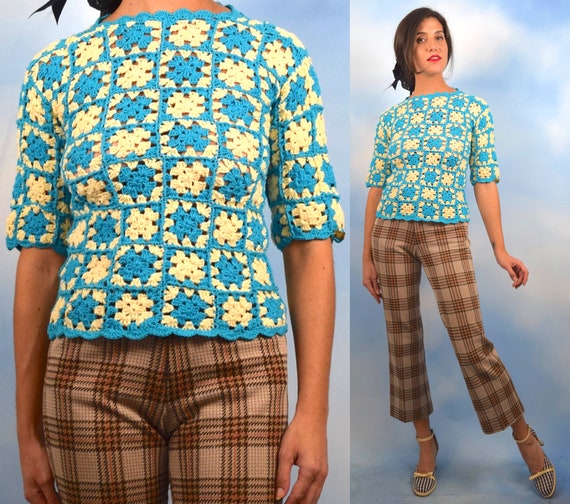 Vintage 60s Turquoise and Cream Granny Square Croc