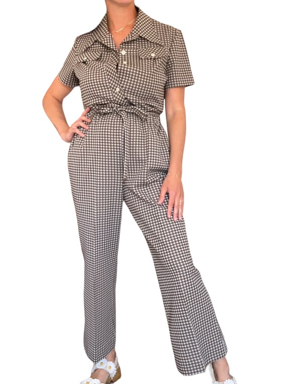 60s 70s Brown and White Gingham Two Piece Pant Su… - image 7