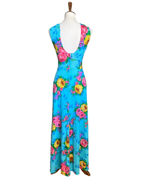 70s Rose Print A Line Maxi Dress (size xs, small) - image 5