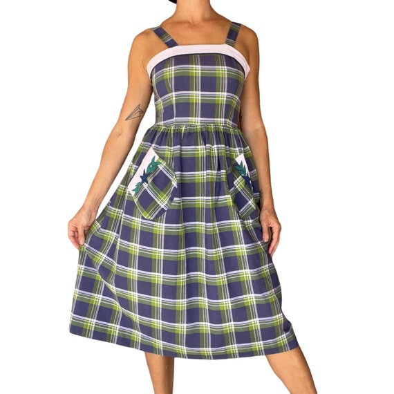 50s 60s Navy and Green Plaid Button Back Sun Dres… - image 2