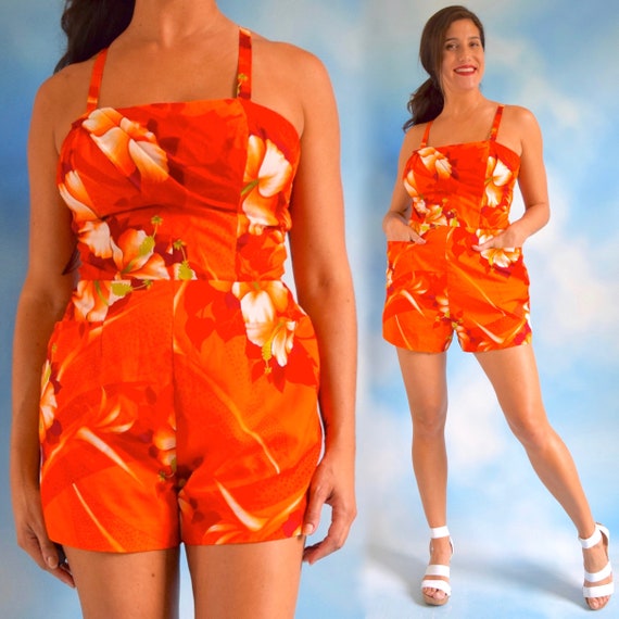 Vintage 60s 70s Orange Hawaiian Hibiscus Print Pla
