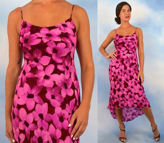 Vintage 90s Pink and Purple Floral Silk High Low S