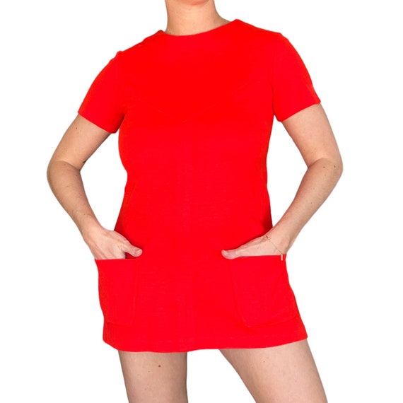 60s Mod Candy Apple Red Micro Knit Mini Dress wit… - image 2