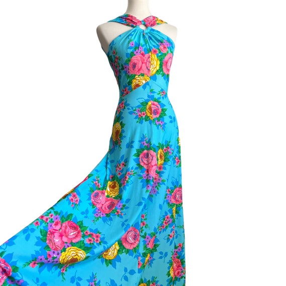 70s Rose Print A Line Maxi Dress (size xs, small) - image 3