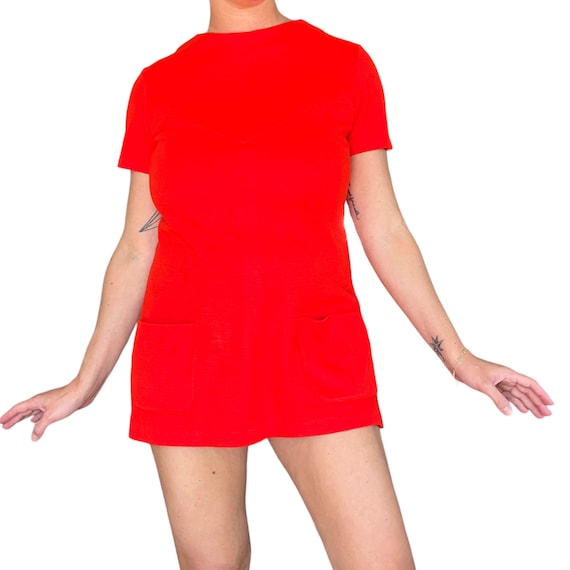 60s Mod Candy Apple Red Micro Knit Mini Dress wit… - image 1