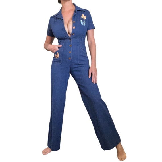 70s Denim Wide Legged Jumpsuit with Butterfly Pat… - image 1