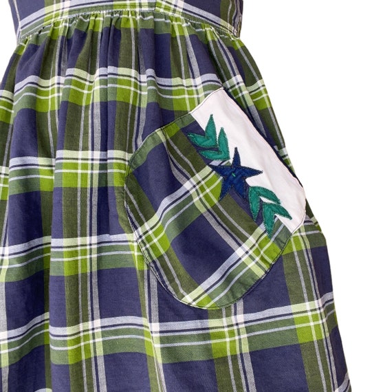 50s 60s Navy and Green Plaid Button Back Sun Dres… - image 6