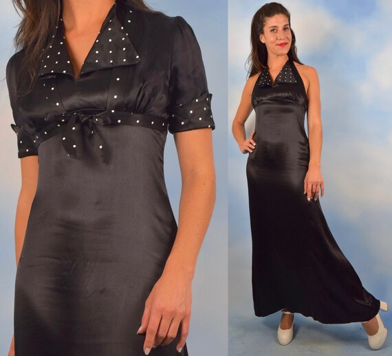 Vintage 70s does 30s Black Satin Polka Dot Trimmed