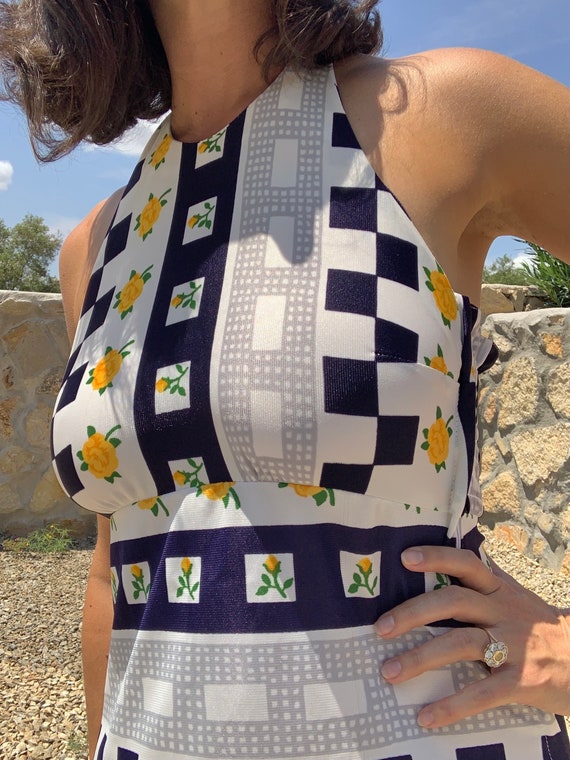 60s 70s Navy Checkers and Yellow Rose Print Halte… - image 6