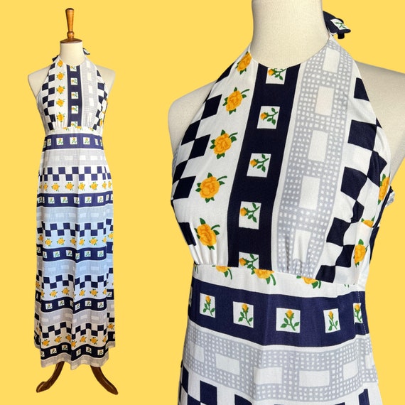 60s 70s Navy Checkers and Yellow Rose Print Halte… - image 1