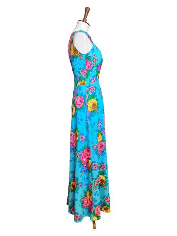 70s Rose Print A Line Maxi Dress (size xs, small) - image 4
