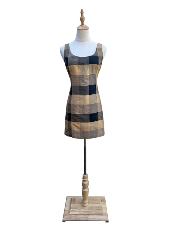 90s Gold and Black Plaid Raw Silk Mini Dress (size Small, Medium) - Etsy UK