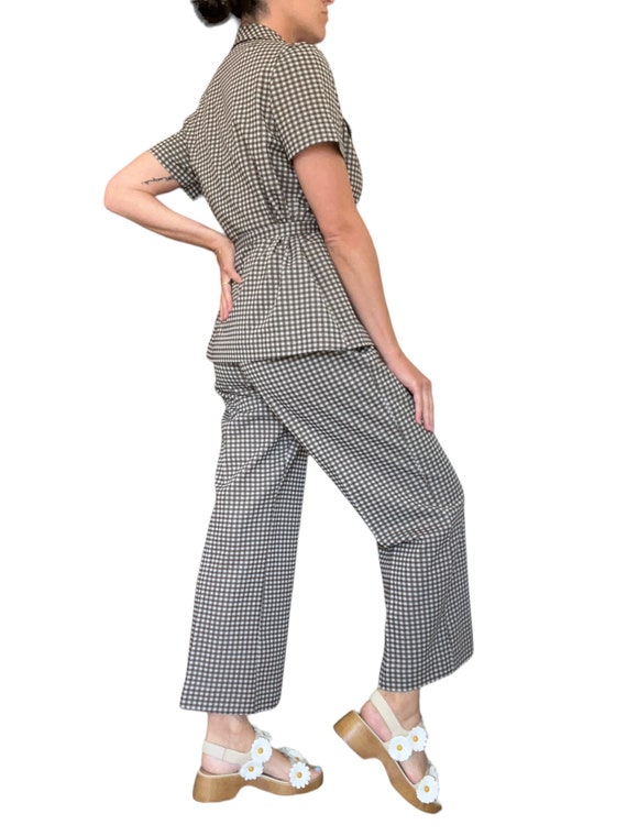 60s 70s Brown and White Gingham Two Piece Pant Su… - image 3