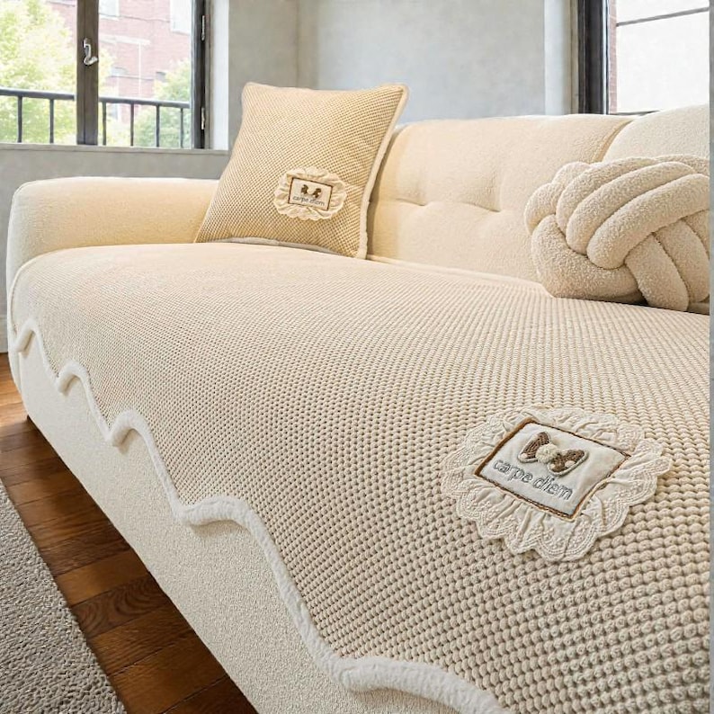 Pu&ograve; includere: Divano beige con rivestimento in maglia e cuscini decorativi. Il divano ha un bordo testurizzato a forma di onda sul bordo inferiore. Un cuscino ha una toppa rettangolare con un disegno floreale, e un altro &egrave; annodato.