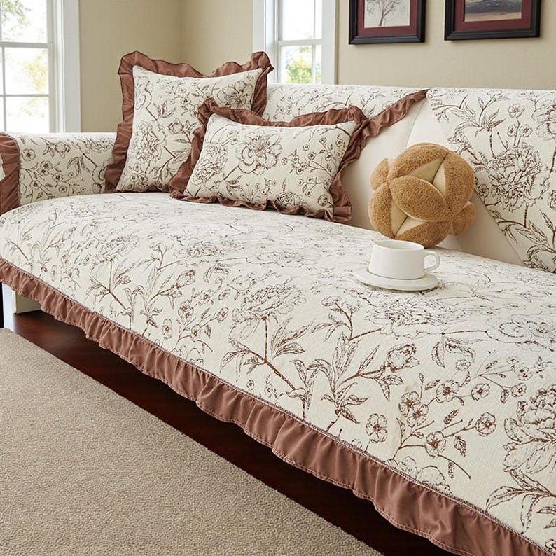 May include: A cream-colored sofa cover featuring a brown floral print and matching brown ruffled trim. The set includes a square throw pillow and a rectangular lumbar pillow, both adorned with the same floral pattern and ruffled edges.