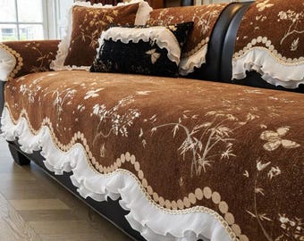 Non-Slip Chenille Couch Cover / Floral Sofa Cover / All-Season Washable Sofa Protector / Living Room Decor